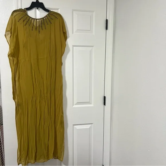 J. Peterman Company The Evening Caftan Gown Beaded Maxi Dress MuMu Yellow Gold M - Picture 7 of 16
